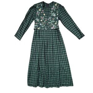 Vintage JBS Ltd Green Gingham Floral Vest Maxi Dress Womens 14 Cottagecore 90s